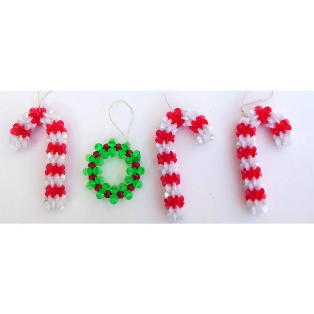 Lot of 4 Handmade Plastic Bead Christmas Ornaments Wreath Candy Canes 1970s